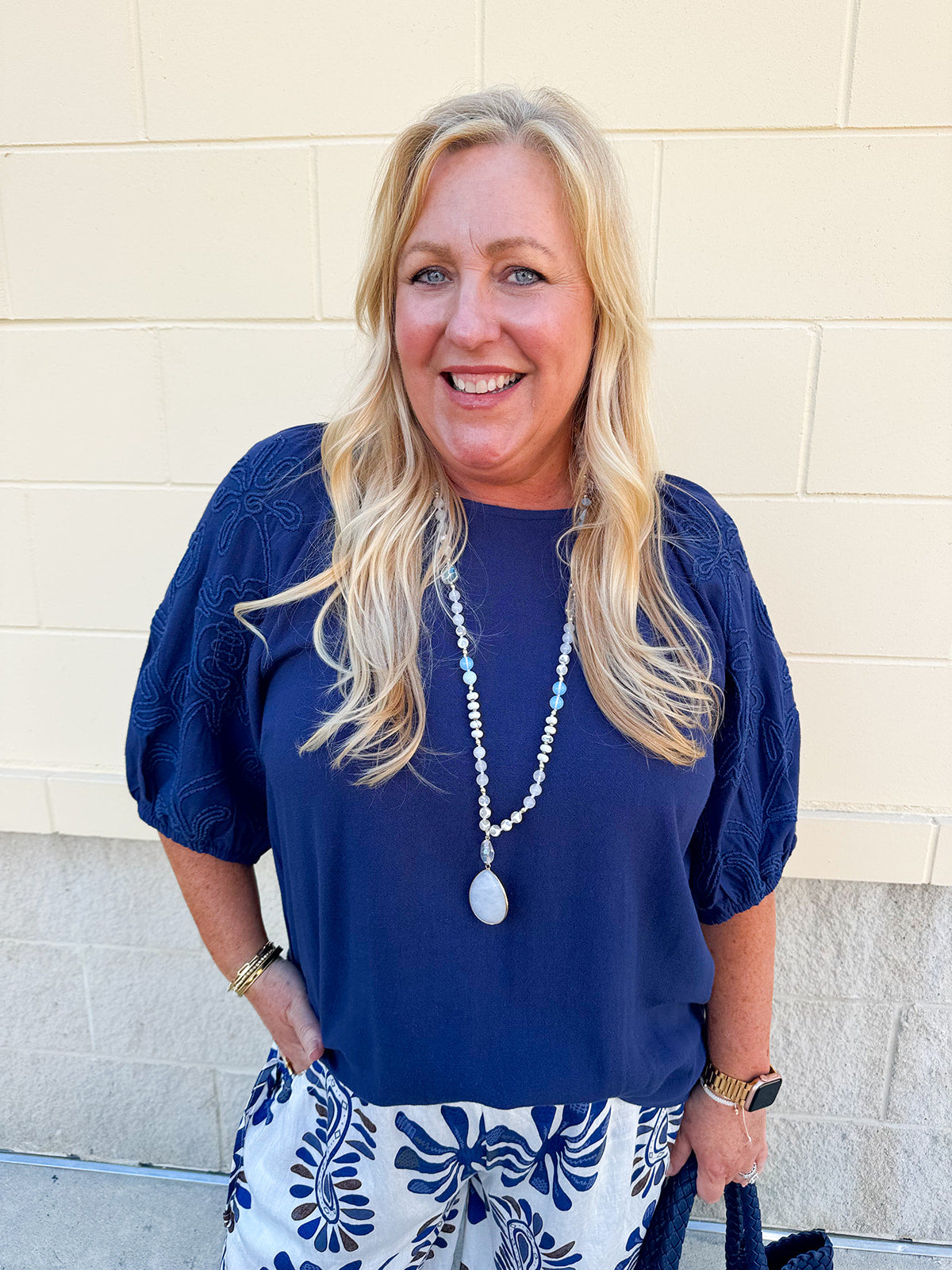 Passing Time Linen Bubble Sleeve Top in Navy