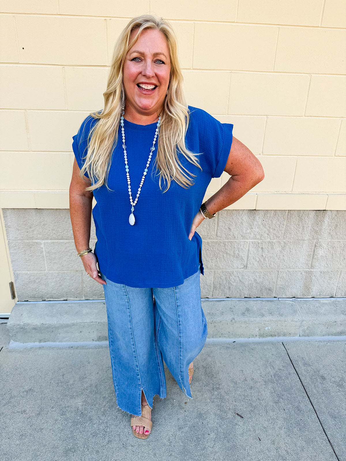 Charming Lifestyle Gauze Round Neck Top in Blue