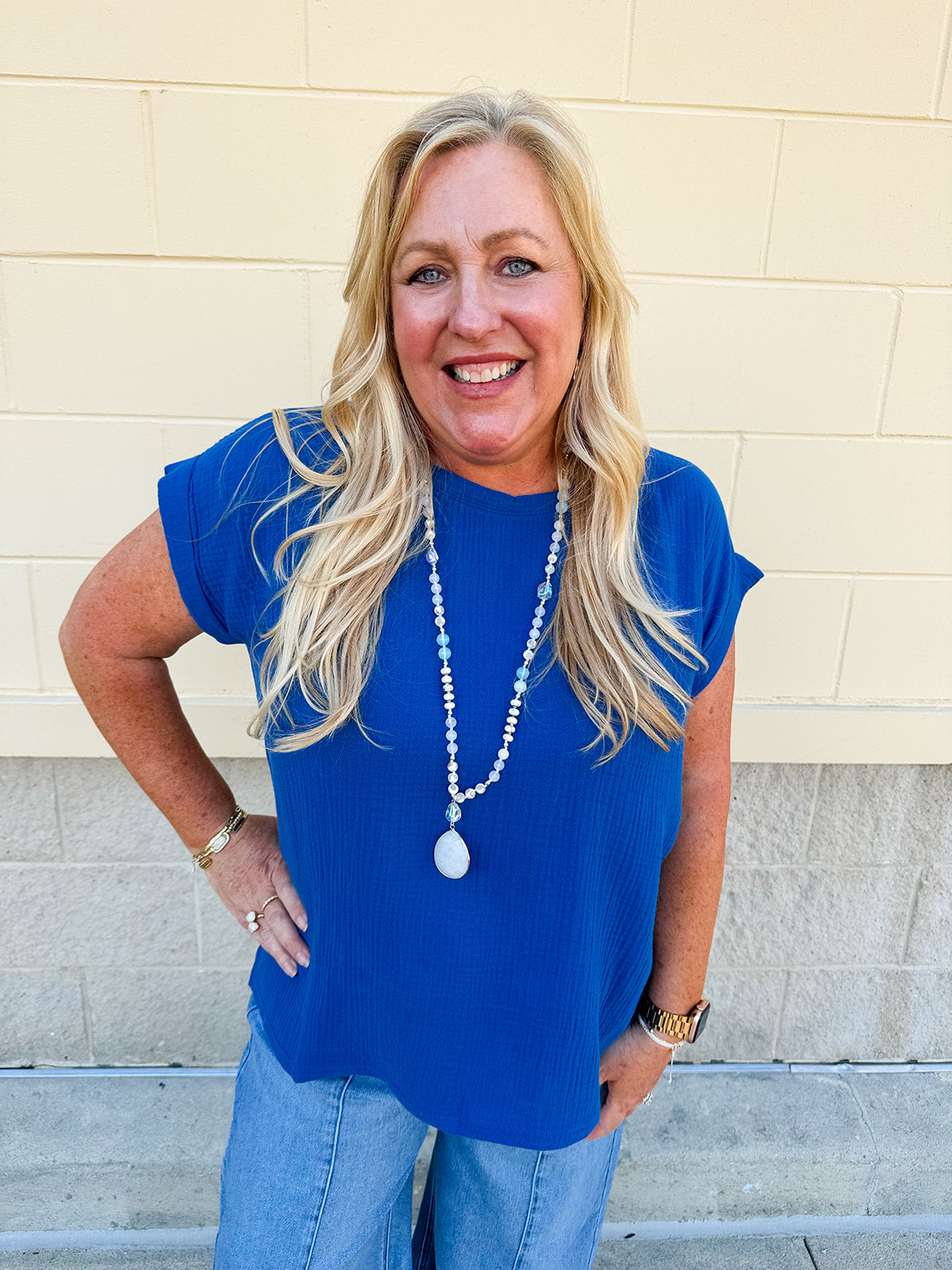 Charming Lifestyle Gauze Round Neck Top in Blue