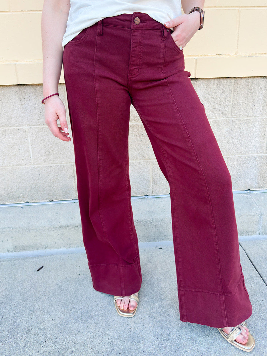 Garnet High rise wide leg, cuffed jeans.
