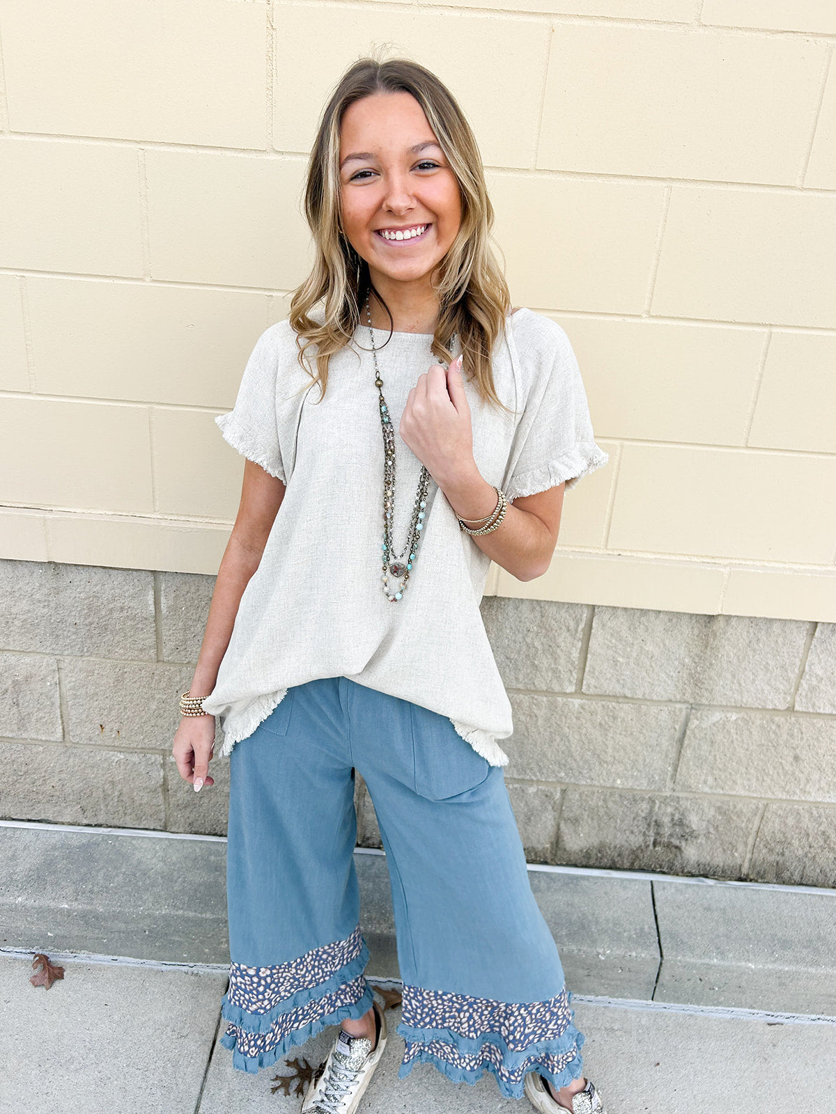 Promising Smile Round Neckline Top-Oatmeal | Styled View