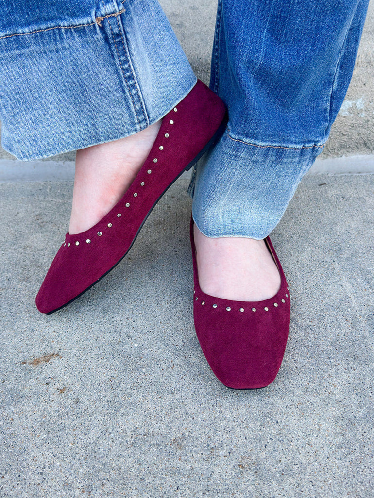 Garnet faux suede ballet flat with silver studs, square toe, slip-on design, versatile seasonal shoe