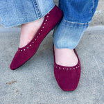 Garnet faux suede ballet flat with silver studs, square toe, slip-on design, versatile seasonal shoe