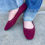 Garnet faux suede ballet flat with silver studs, square toe, slip-on design, versatile seasonal shoe