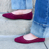 Faux Suede Garnet Ballet Flat with Silver Studs