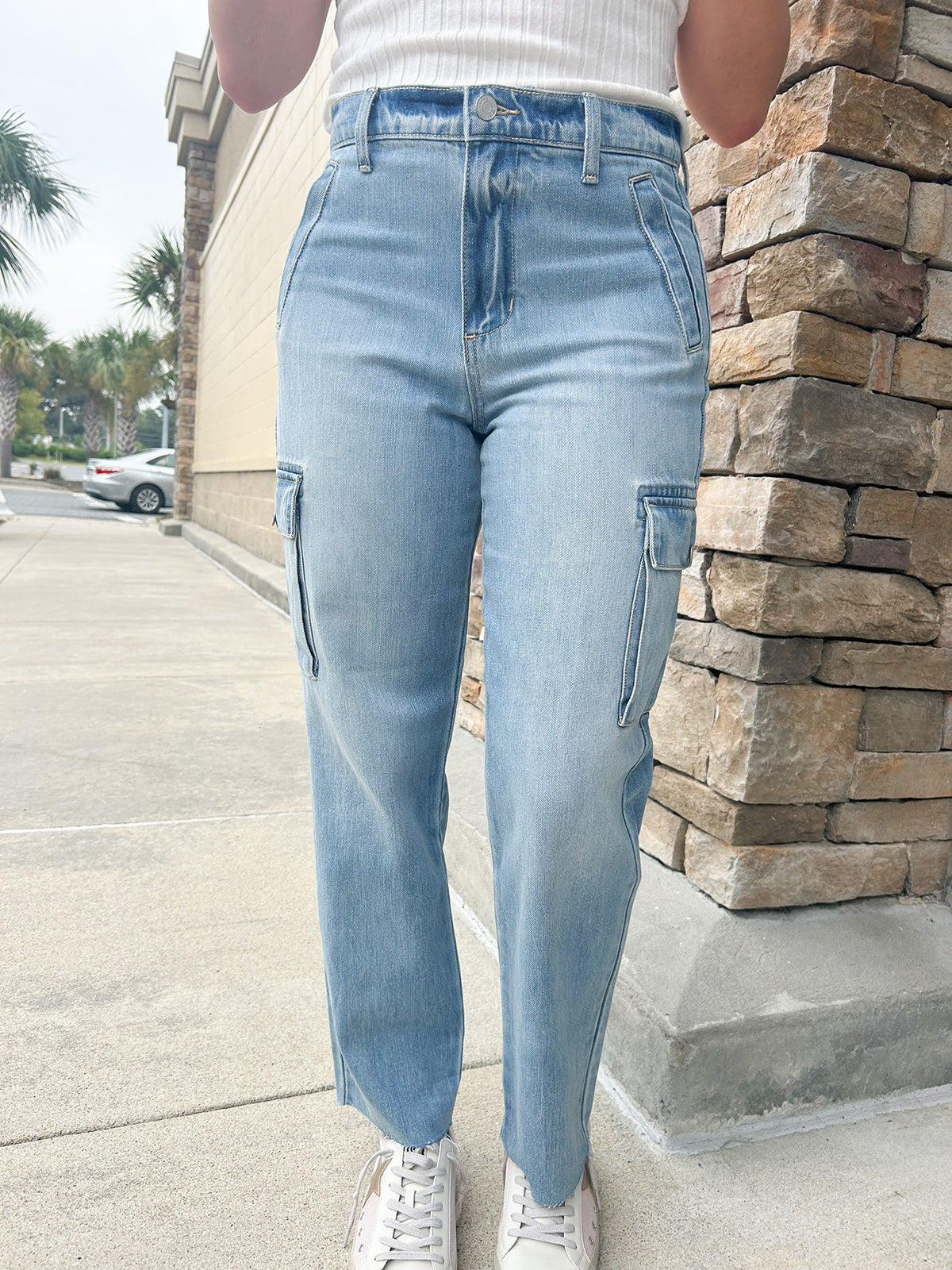 The Raelynn High Rise Straight Cropped Cargo Jeans | Front View