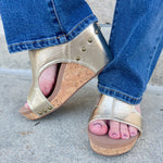 [Corkys] gold cork wedges with studded detailing, 3.5-inch heel, slip-on design, cushioned footbed for comfort