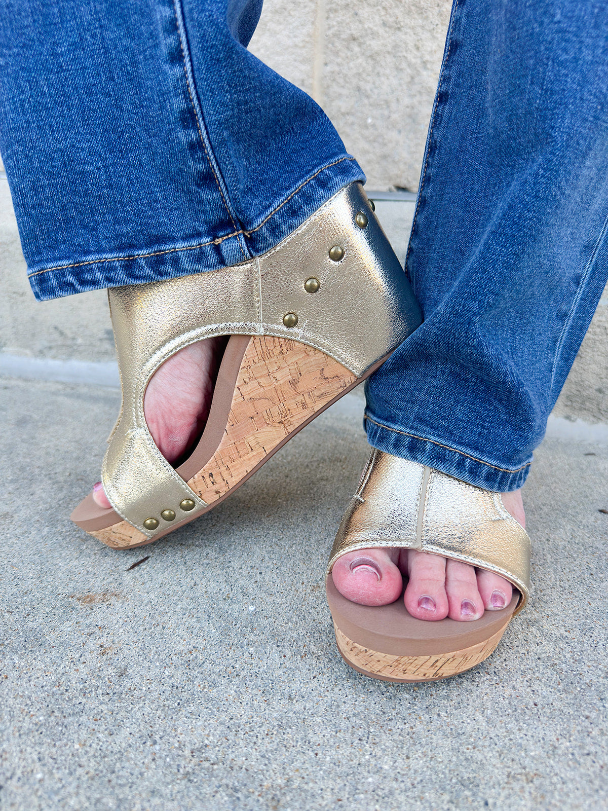 [Corkys] gold cork wedges with studded detailing, 3.5-inch heel, slip-on design, cushioned footbed for comfort