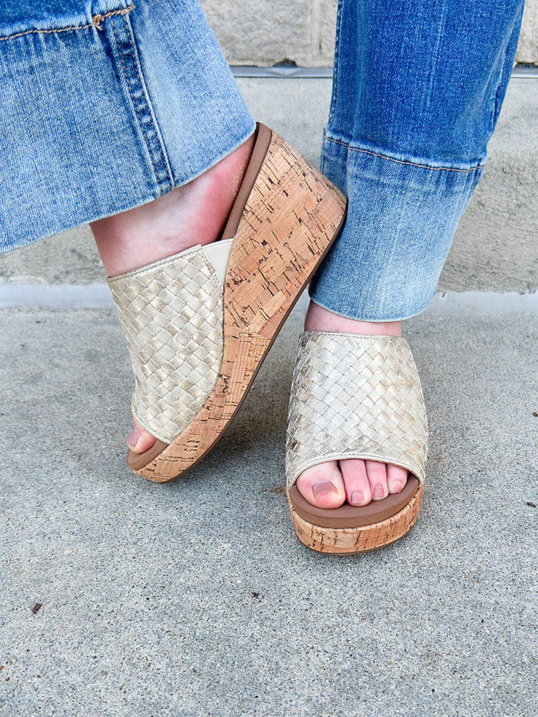 Gold metallic woven wedges with cork heel