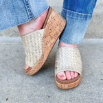Gold metallic woven wedges with cork heel