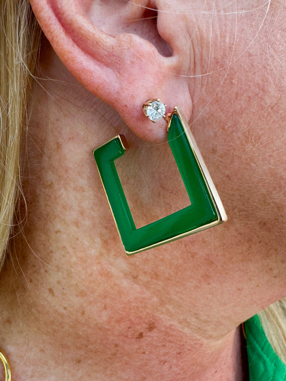Green and gold squared wood hoop earrings with a modern, bold look—perfect for everyday or statement styling.