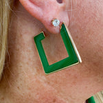 Green and gold squared wood hoop earrings with a modern, bold look—perfect for everyday or statement styling.