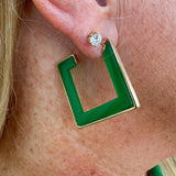 Green and gold squared wood hoop earrings with a modern, bold look—perfect for everyday or statement styling.