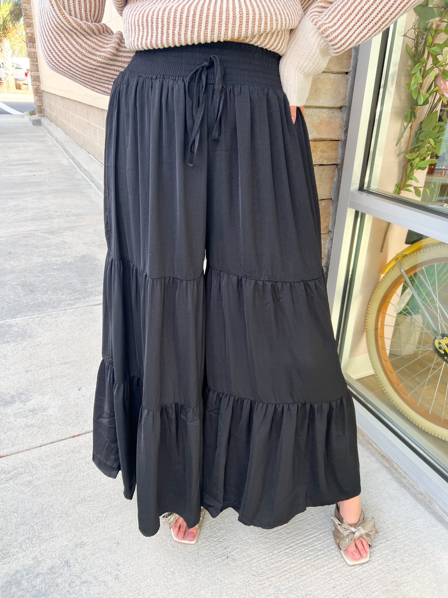 Composed Charm Satin Wide Leg Pants-Black | Front View