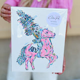 A bold, colorful canvas featuring a stylized hand-painted rendition of the FSU Renegade mascot in pink, gold, and blue tones on an 11"x14" canvas.