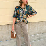 Painted Mirage Split Neck Top in Teal