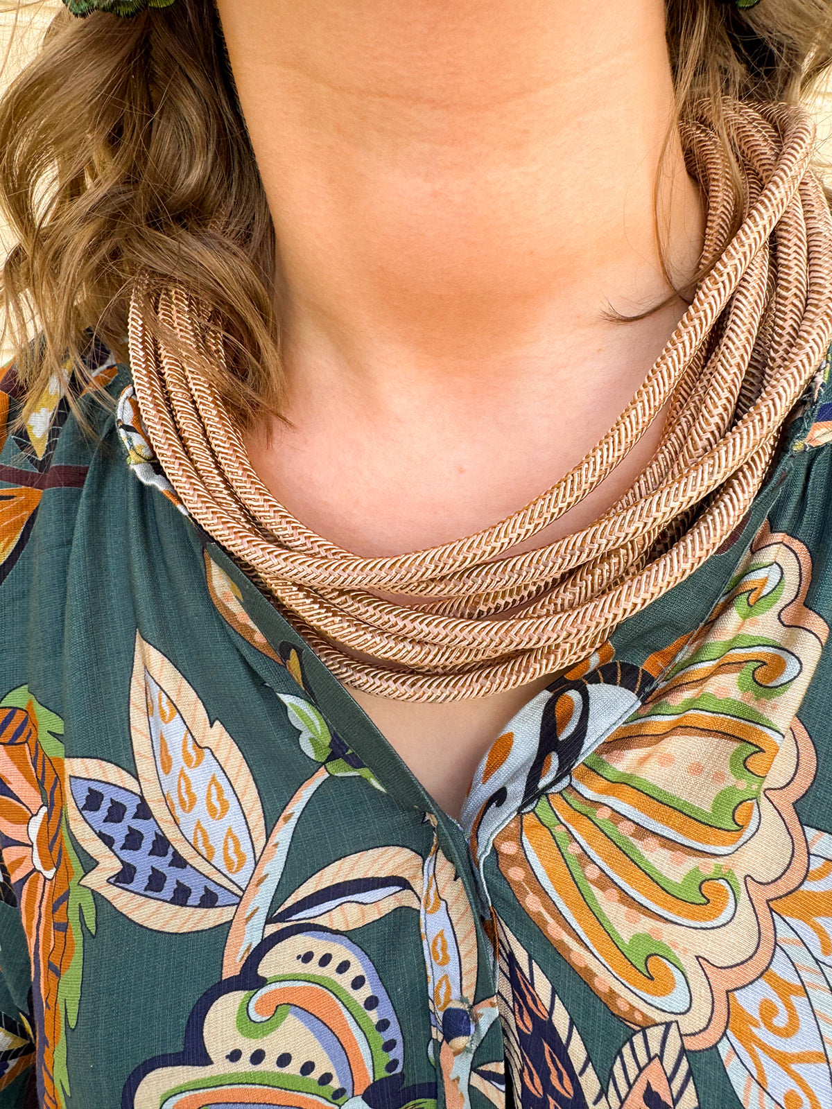 Rachel Rope Necklace in caramel, braided rope design, slip-on style, lightweight and versatile accessory