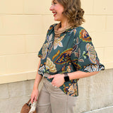 Painted Mirage Split Neck Top in Teal