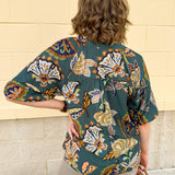 Painted Mirage Split Neck Top in Teal