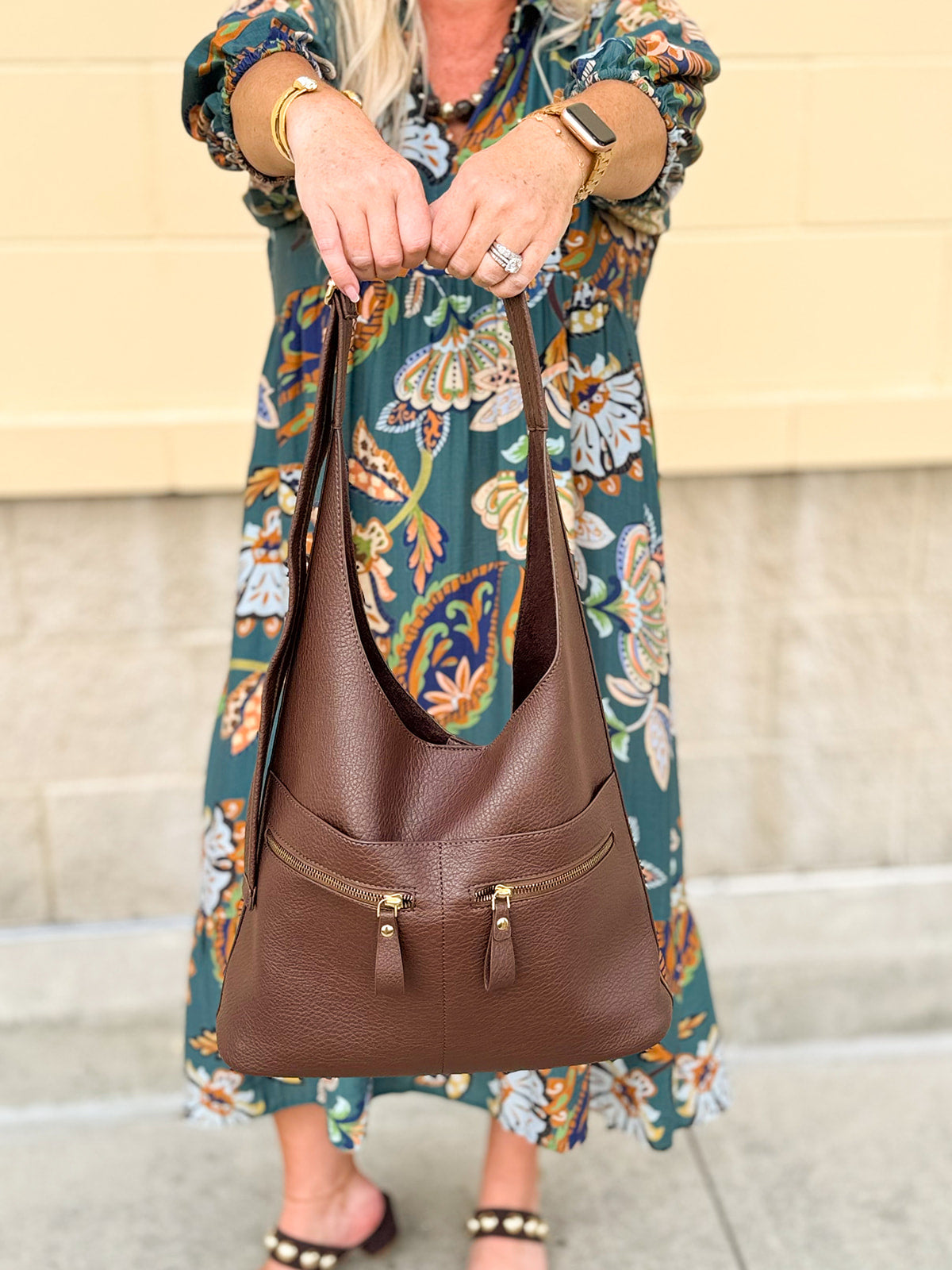 Chocolate slouchy hobo bag with double front zippers and gold hardware