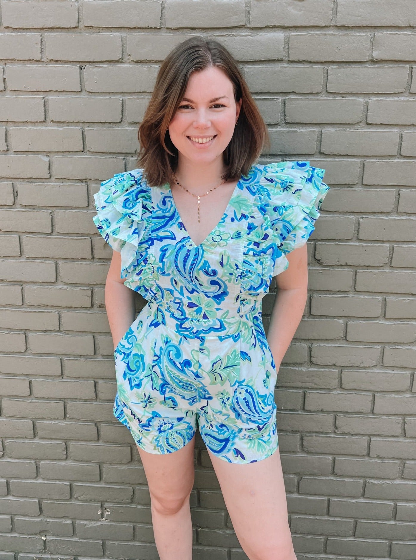 Caribbean Dreaming Ruffle Sleeve Romper | Front View