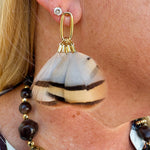 Brown striped feather tassel earrings displayed on a neutral background, highlighting texture and natural tones