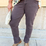 Mocha brown slim straight leg jeans with mid rise and full inseam.