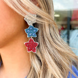 Jeweled Patriotic Beaded Long Drop Star Earrings