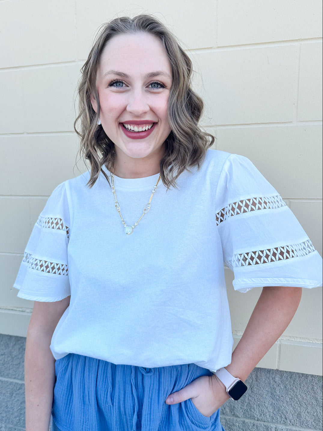 Ocean Walk Lace Trim Bell Sleeve Top