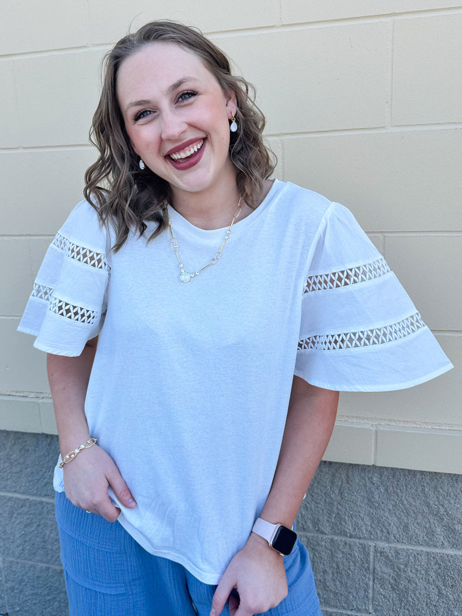 Ocean Walk Lace Trim Bell Sleeve Top
