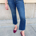  Dark wash high-rise kick flare jeans