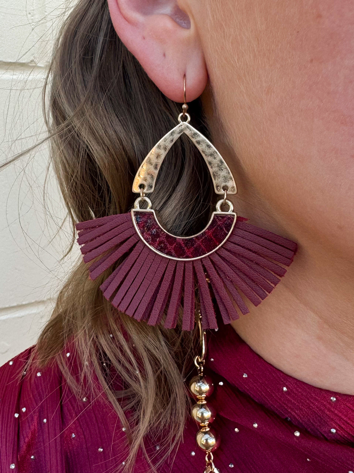  Garnet beaded fringe earrings with faceted stone stud