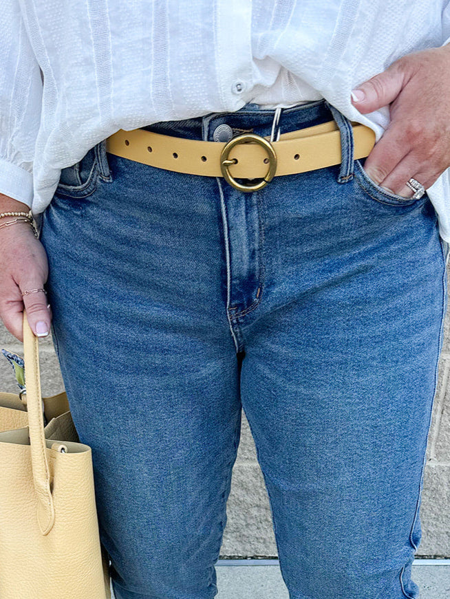 Bella Brass Buckle Leather Belt in Camel