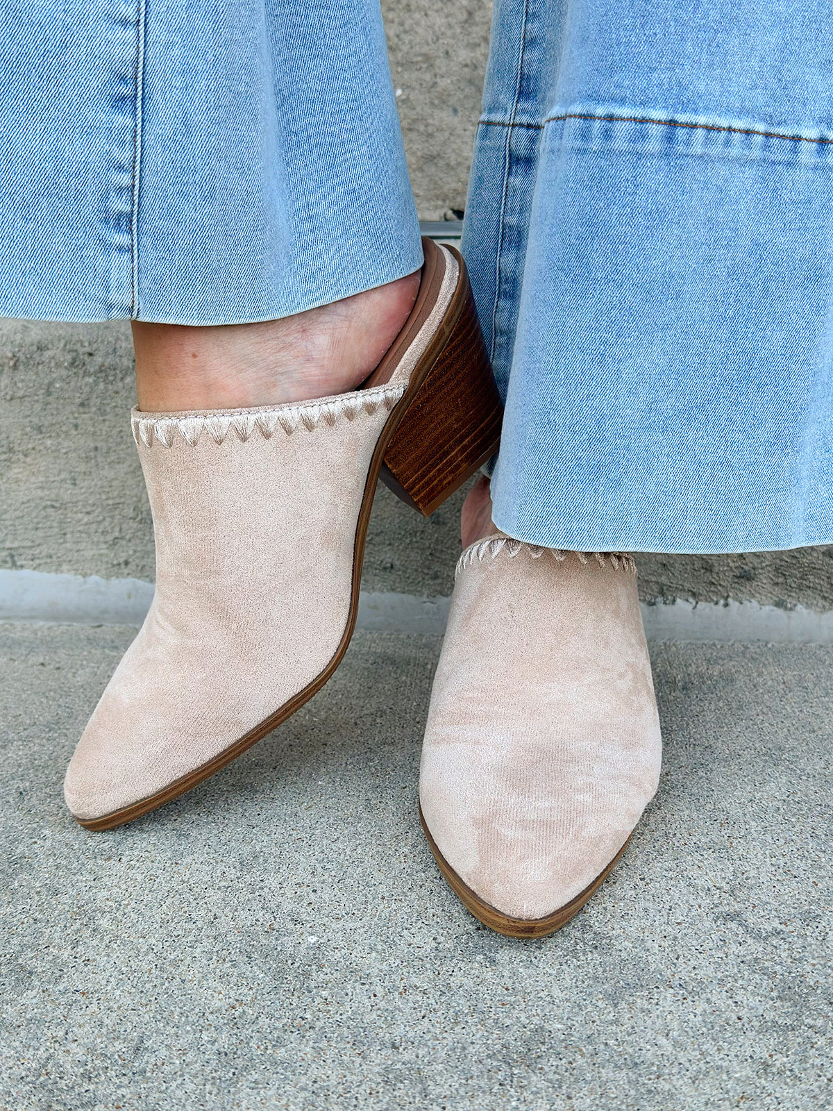  Tan faux suede pointed toe mule heels with a block heel by Corkys