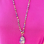 Natural Stone Bead Necklace with Stone Pendant-Purple | Front View