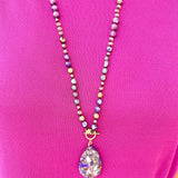 Natural Stone Bead Necklace with Stone Pendant-Purple | Front View