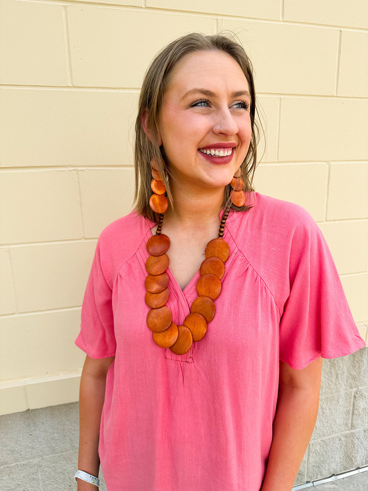 Wooden necklace featuring chunky natural wood disks—25" necklace with matching statement earrings