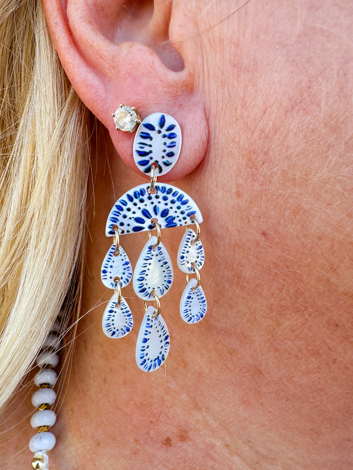 Mother of Pearl Blue and White Chandelier Earrings