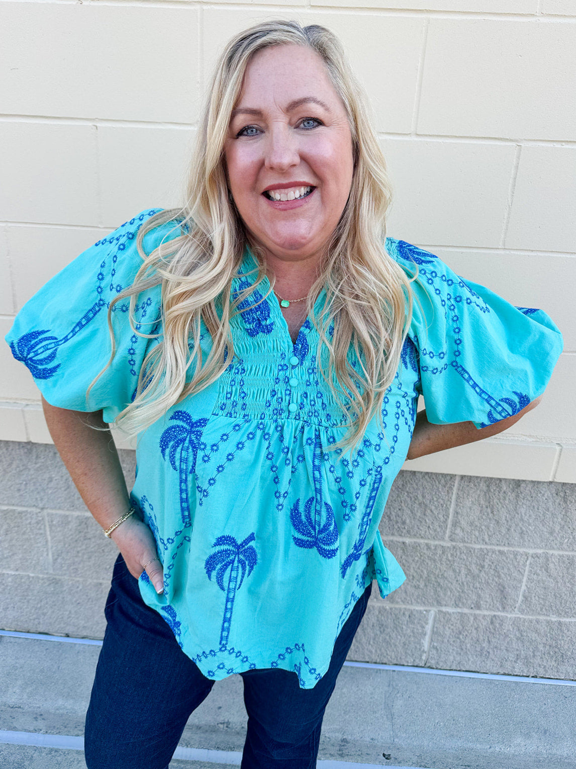 Sunset Boulevard Embroidered Smocked V-Neck