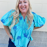 Sunset Boulevard Embroidered Smocked V-Neck