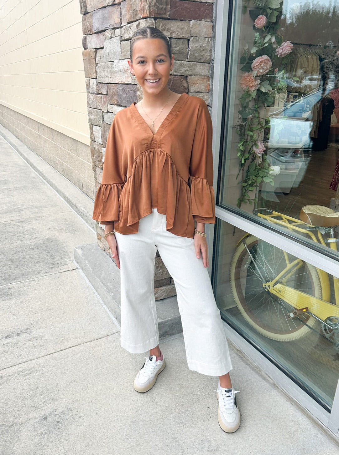 Touch of Class Peplum Top-Camel | Styled View