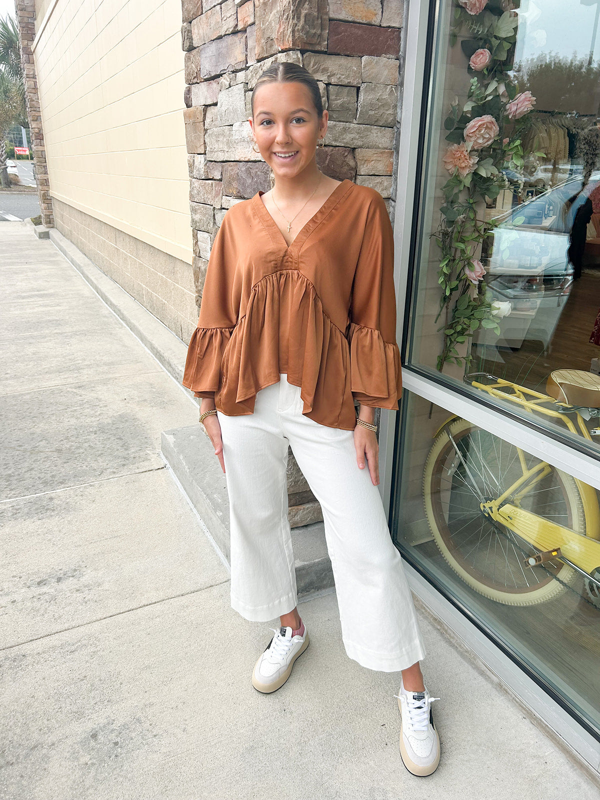 Touch of Class Peplum Top-Camel | Styled View