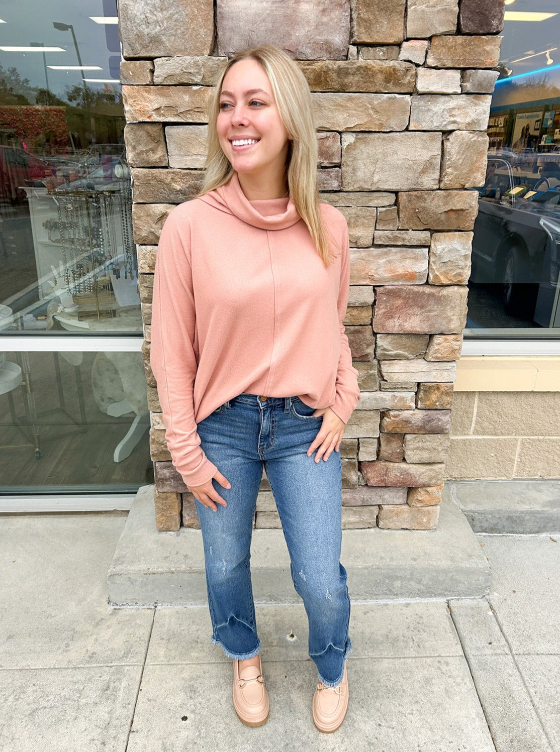 Pumpkin Spice Mock Neck Oversized Top | Styled View