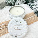 White and gold holiday mini tin candle