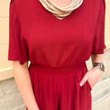 Crimson Charm Smocked Jumpsuit