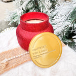 Capri Blue Red Glam Volcano 8oz candle with red glitter jar and gold lid.