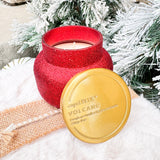 Capri Blue Red Glam Volcano 8oz candle with red glitter jar and gold lid.