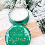 Capri Blue Crystal Pine 3oz mini tin candle in green and gold fleck design.