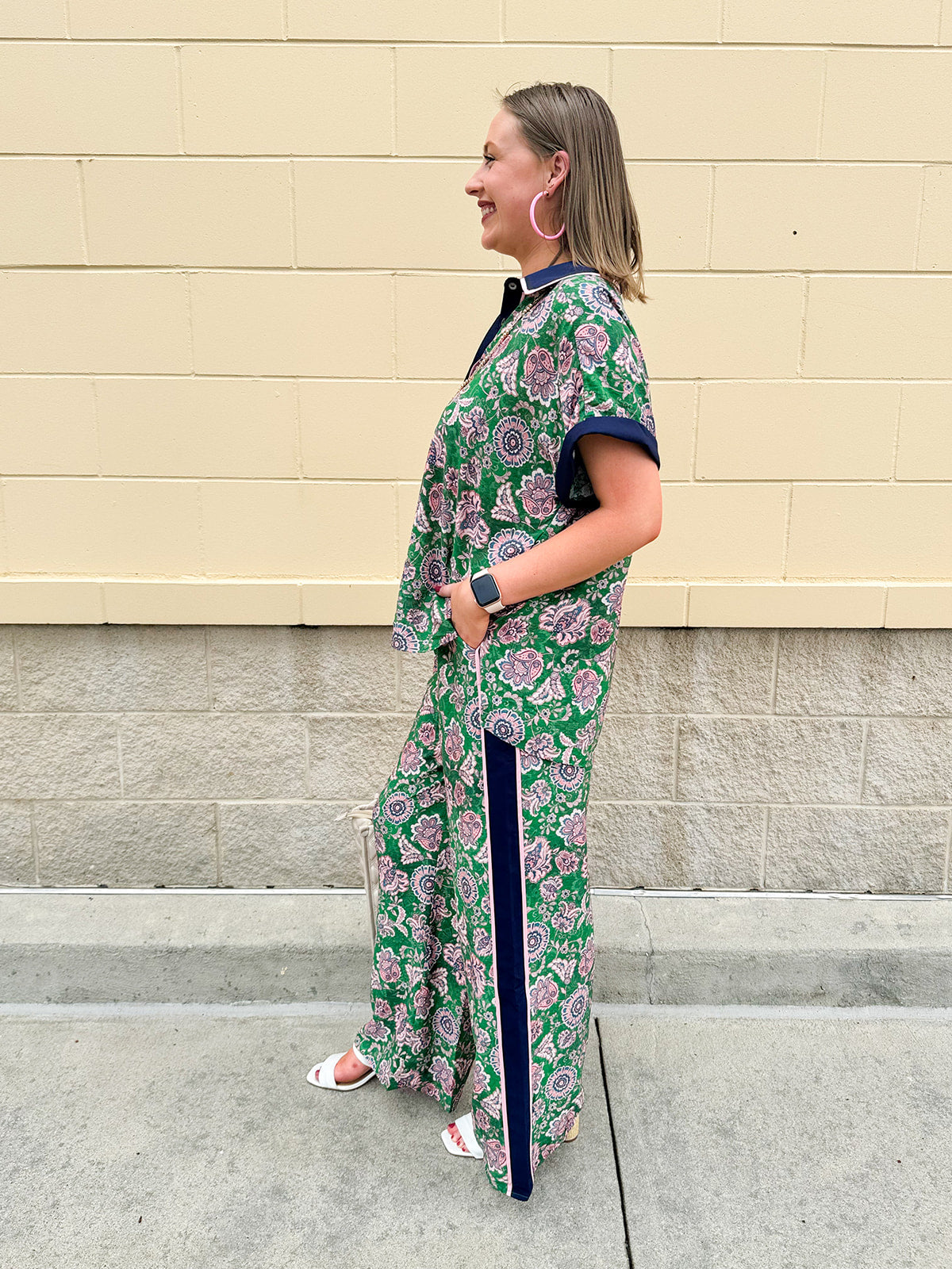 Floral paisley wide-leg pull-on pants in green and pink with contrast side stripe and elastic waist—lightweight and breezy fit