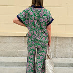 Floral paisley wide-leg pull-on pants in green and pink with contrast side stripe and elastic waist—lightweight and breezy fit